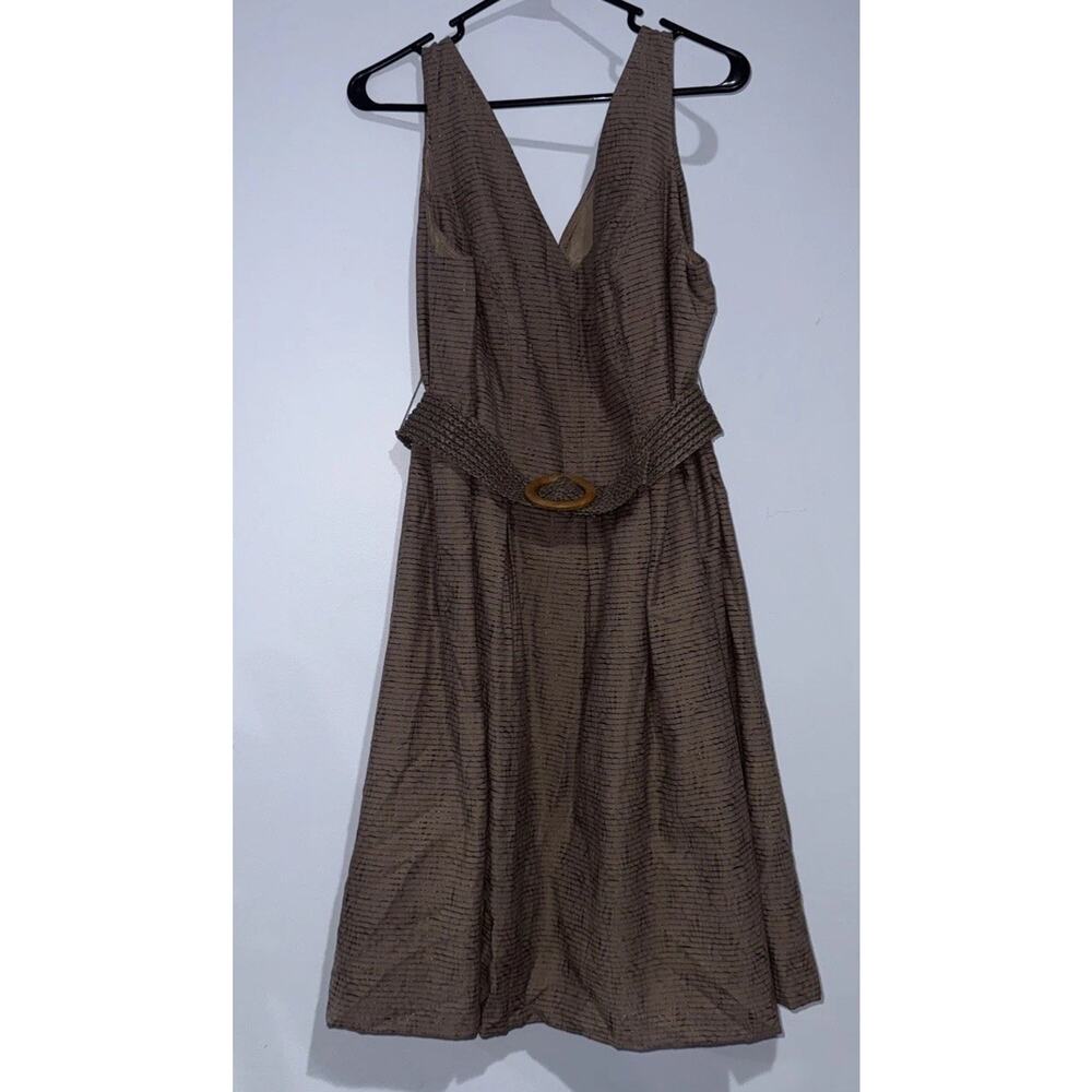 Women’s Nine West Sz 16 Dress Brown Stripe Sleeveless Flare Dress Belt Pockets